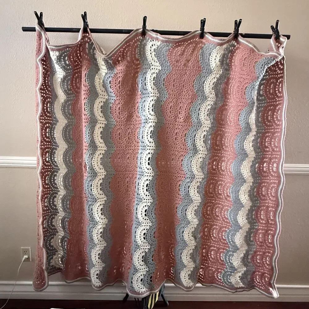 Vintage Handmade Crochet Blanket Afghan Lacy Fan Ripple Pink Grey White 62x72
